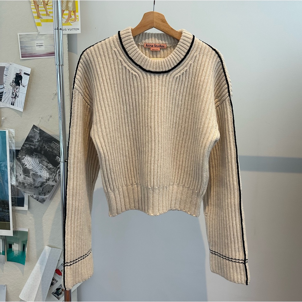 Acne Cream Ribbed Sweater With Black Accents